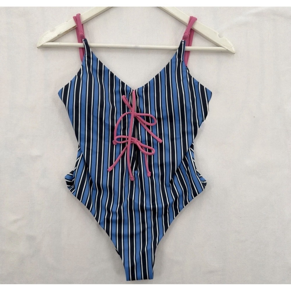 Victoria's Secret PINK Striped One Piece Swimsuit Lace Up Blue Pink XL